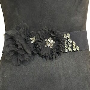 J. Crew Black Elastic Belt Embellished Flowers Rhinestones Snap Closure M L